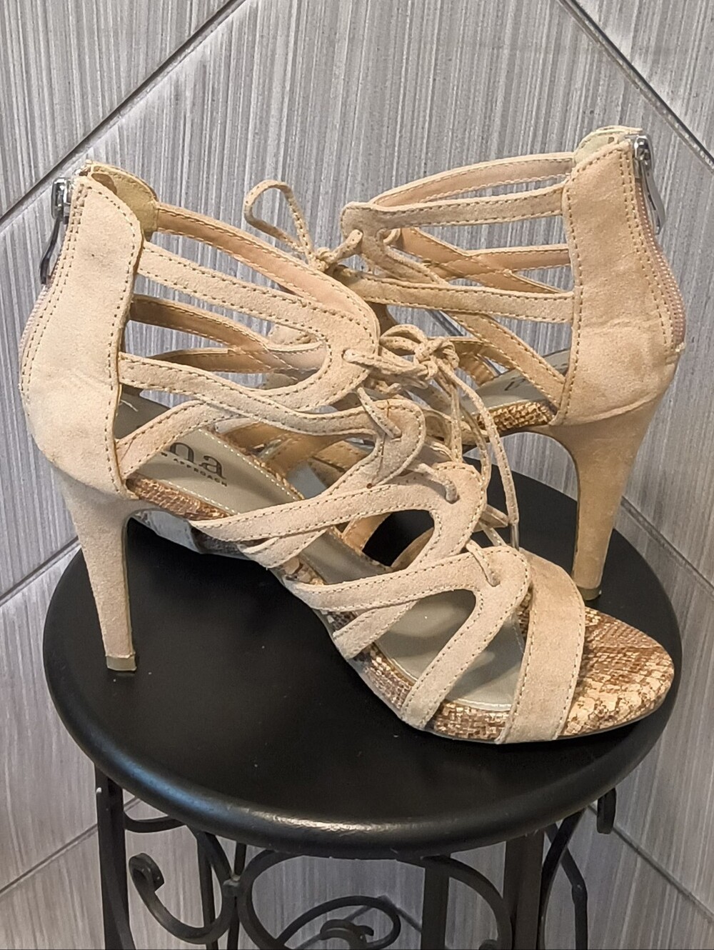 a.n.a Size 7 Nude Lace Up Strappy Heels Snakeskin Toe Accent Sandals Stiletto